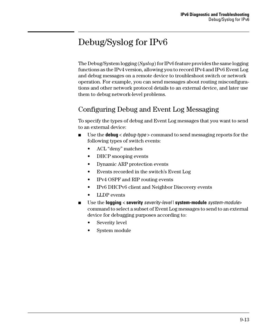 Debug/syslog for ipv6, Configuring debug and event log messaging, Configuring debug and event log messaging -13 | HP 6200YL User Manual | Page 293 / 314