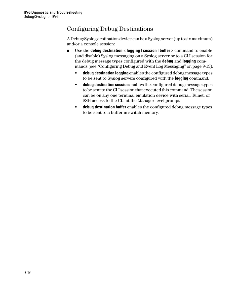 Configuring debug destinations, Configuring debug destinations -16 | HP 6200YL User Manual | Page 296 / 314