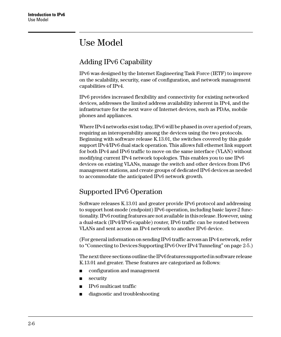 Use model, Adding ipv6 capability, Supported ipv6 operation | Adding ipv6 capability -6, Supported ipv6 operation -6 | HP 6200YL User Manual | Page 34 / 314