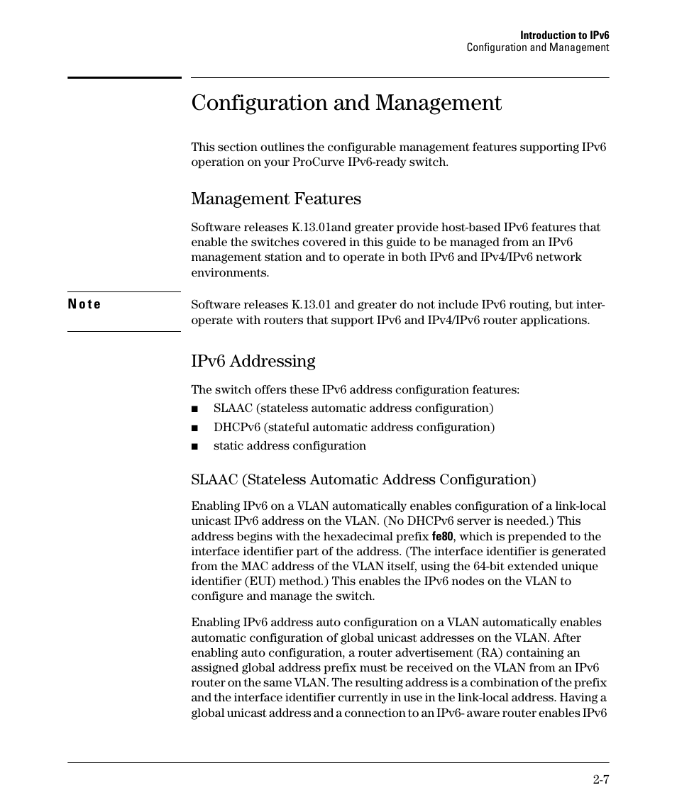 Configuration and management, Management features, Ipv6 addressing | Slaac (stateless automatic address configuration), Management features -7, Ipv6 addressing -7 | HP 6200YL User Manual | Page 35 / 314