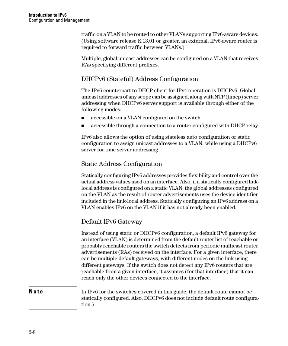 Dhcpv6 (stateful) address configuration, Static address configuration, Default ipv6 gateway | Dhcpv6 (stateful) address configuration -8, Static address configuration -8, Default ipv6 gateway -8 | HP 6200YL User Manual | Page 36 / 314