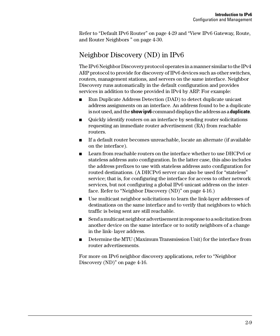 Neighbor discovery (nd) in ipv6, Neighbor discovery (nd) in ipv6 -9 | HP 6200YL User Manual | Page 37 / 314