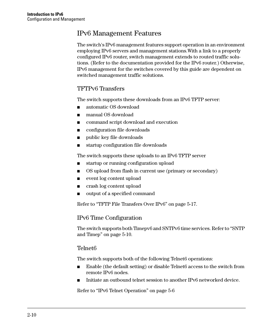 Ipv6 management features, Tftpv6 transfers, Ipv6 time configuration | Telnet6, Ipv6 management features -10, Tftpv6 transfers -10, Ipv6 time configuration -10, Telnet6 -10 | HP 6200YL User Manual | Page 38 / 314