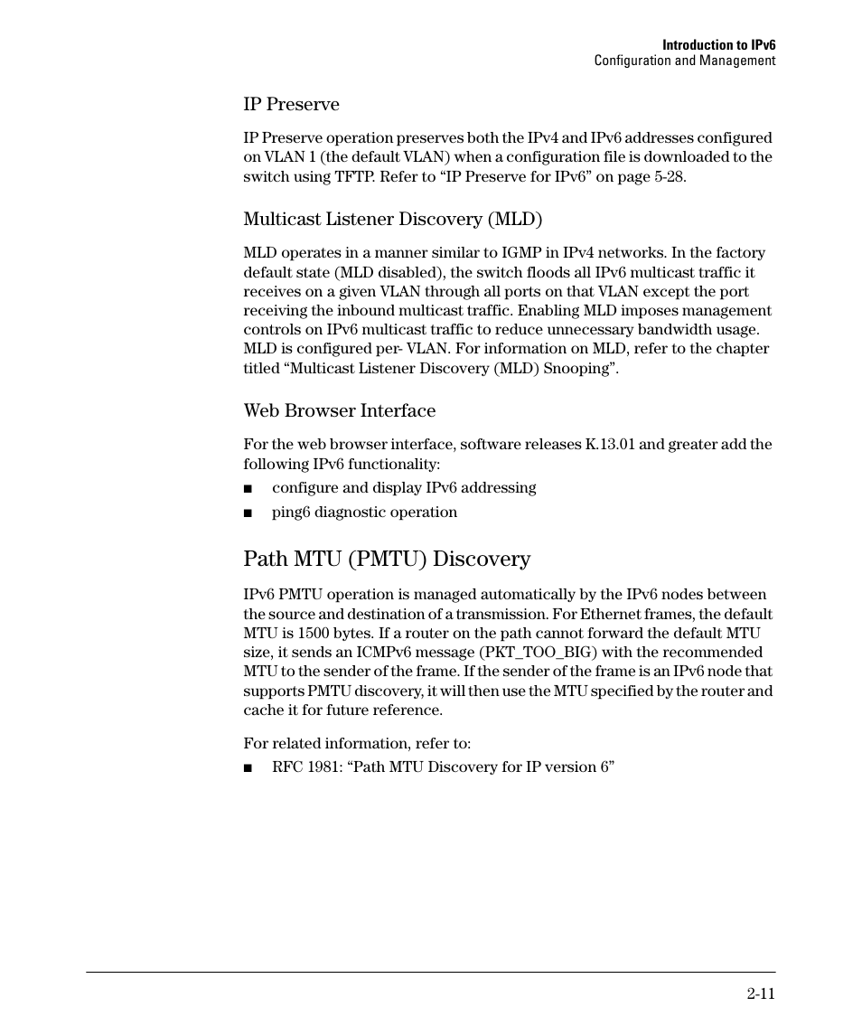 Ip preserve, Multicast listener discovery (mld), Web browser interface | Path mtu (pmtu) discovery, Ip preserve -11, Multicast listener discovery (mld) -11, Web browser interface -11, Path mtu (pmtu) discovery -11 | HP 6200YL User Manual | Page 39 / 314