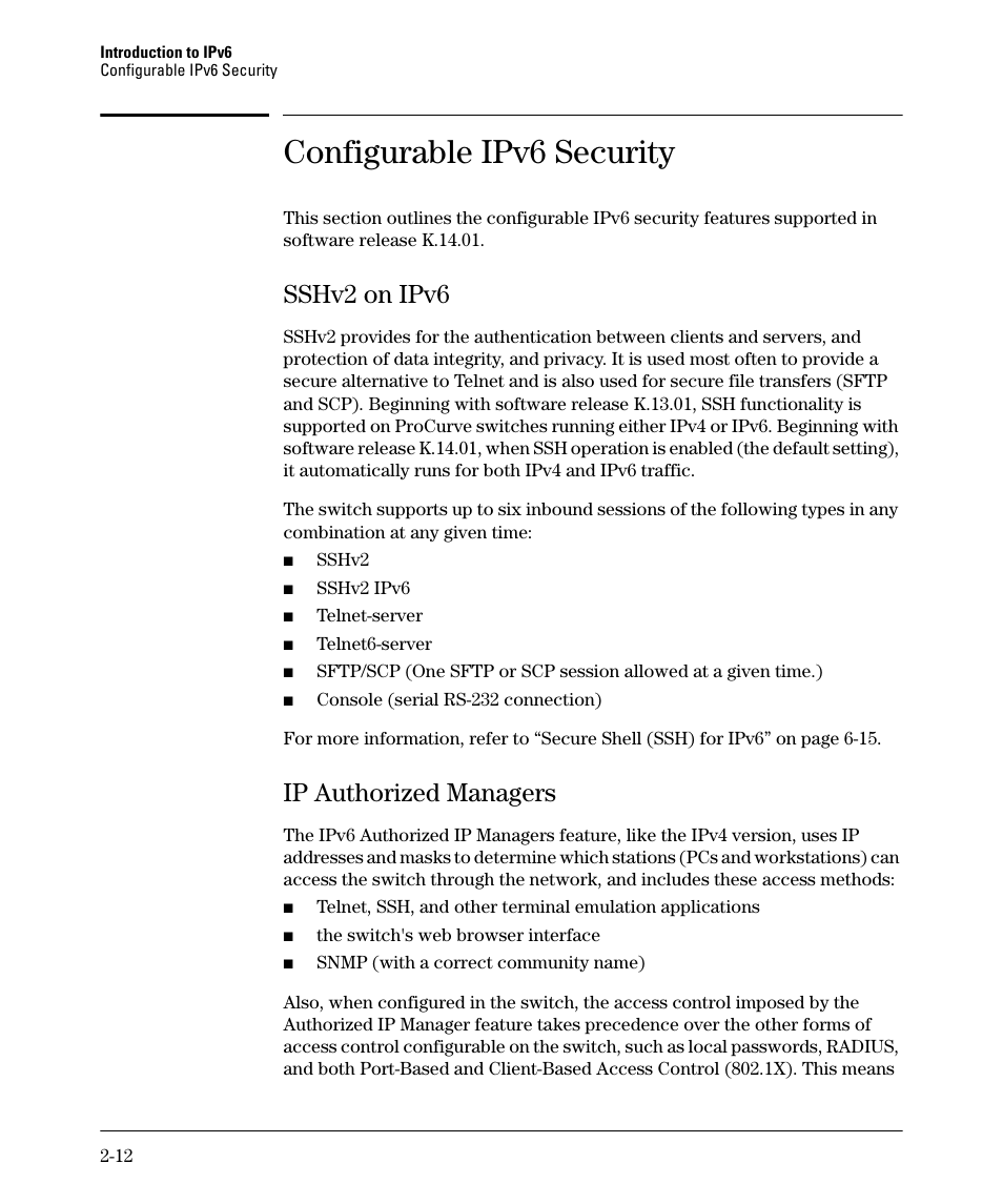 Configurable ipv6 security, Sshv2 on ipv6, Ip authorized managers | Sshv2 on ipv6 -12, Ip authorized managers -12 | HP 6200YL User Manual | Page 40 / 314