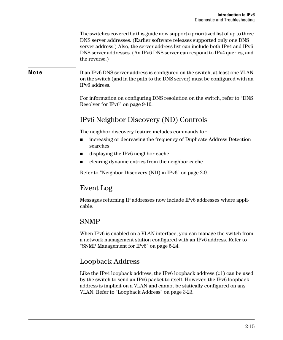 Ipv6 neighbor discovery (nd) controls, Event log, Snmp | Loopback address, Ipv6 neighbor discovery (nd) controls -15, Event log -15, Snmp -15, Loopback address -15 | HP 6200YL User Manual | Page 43 / 314