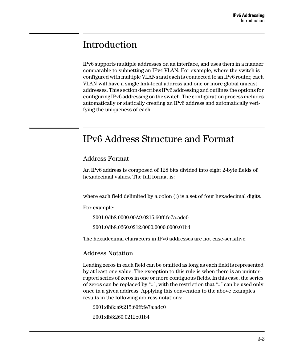 Introduction, Ipv6 address structure and format, Address format | Address notation, Address format -3, Address notation -3 | HP 6200YL User Manual | Page 47 / 314