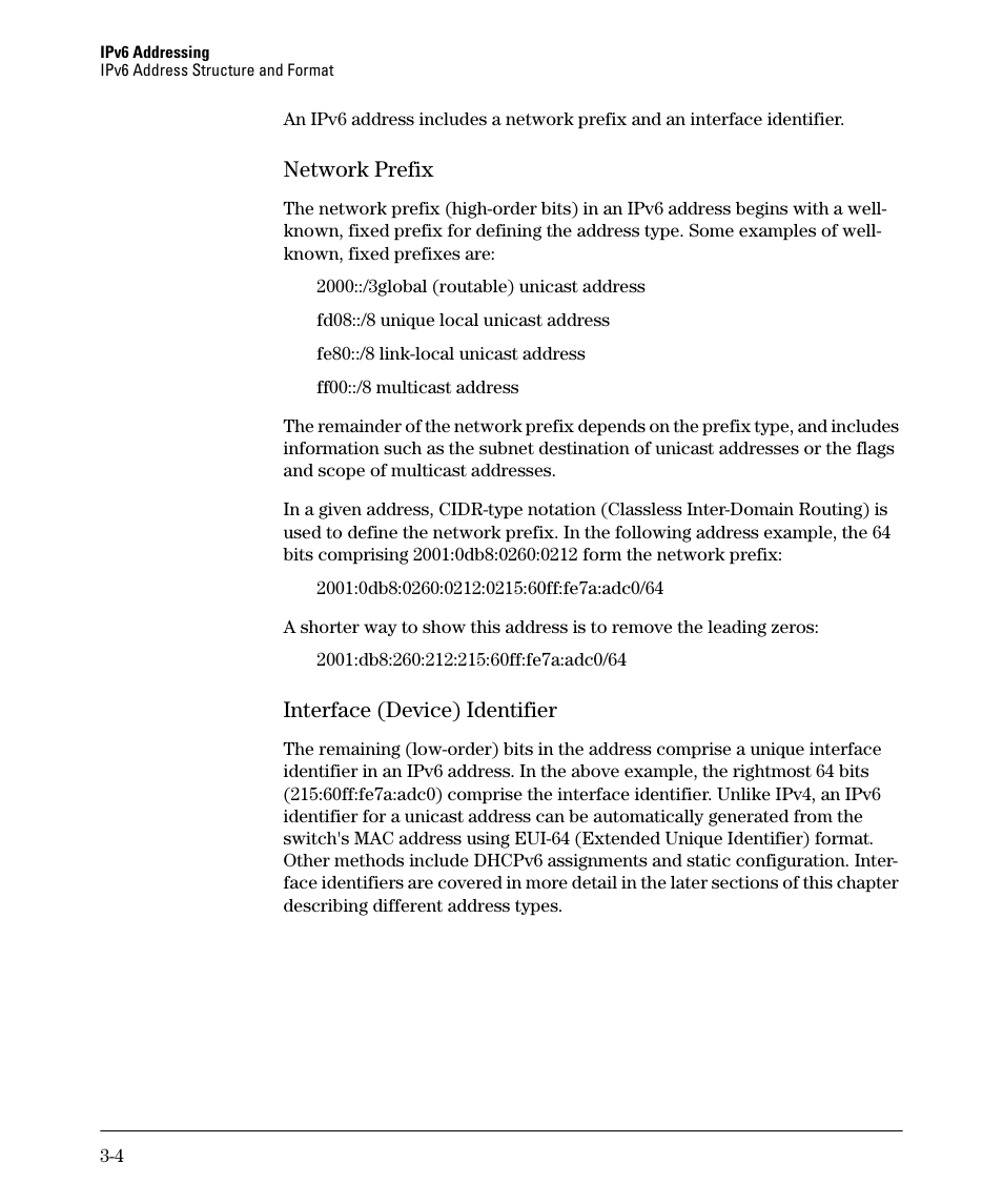 Network prefix, Interface (device) identifier, Network prefix -4 | Interface (device) identifier -4 | HP 6200YL User Manual | Page 48 / 314