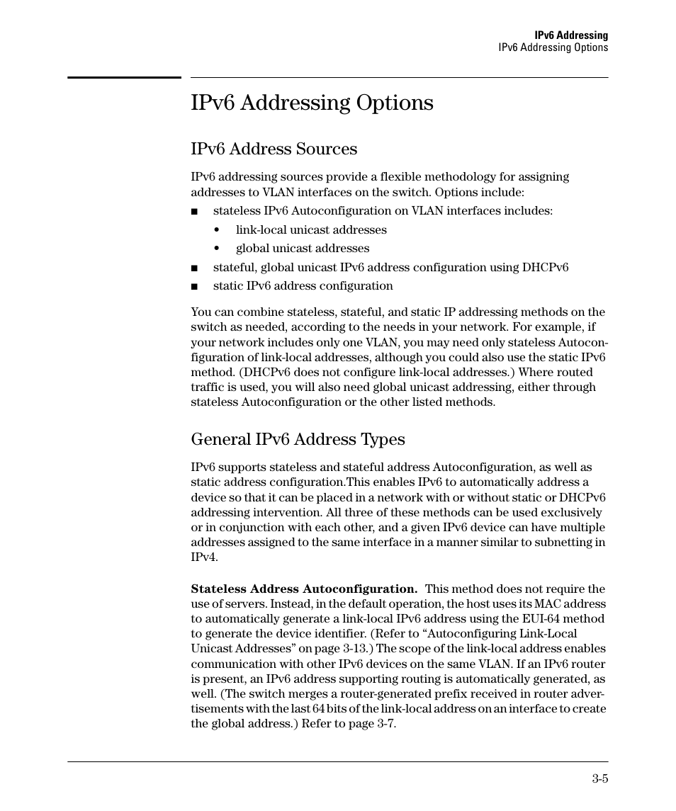 Ipv6 addressing options, Ipv6 address sources, General ipv6 address types | Ipv6 address sources -5, General ipv6 address types -5 | HP 6200YL User Manual | Page 49 / 314