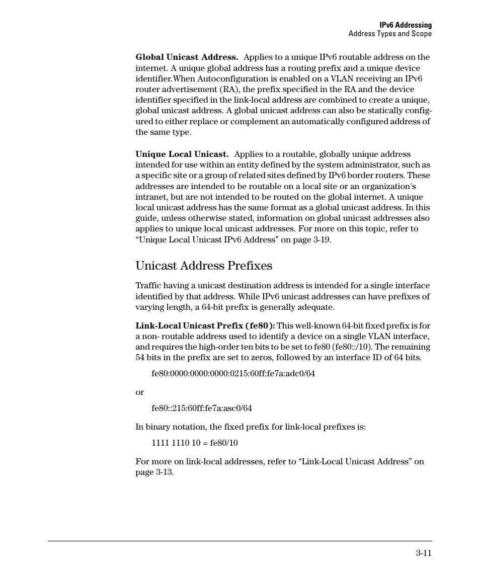 Unicast address prefixes, Unicast address prefixes -11 | HP 6200YL User Manual | Page 55 / 314