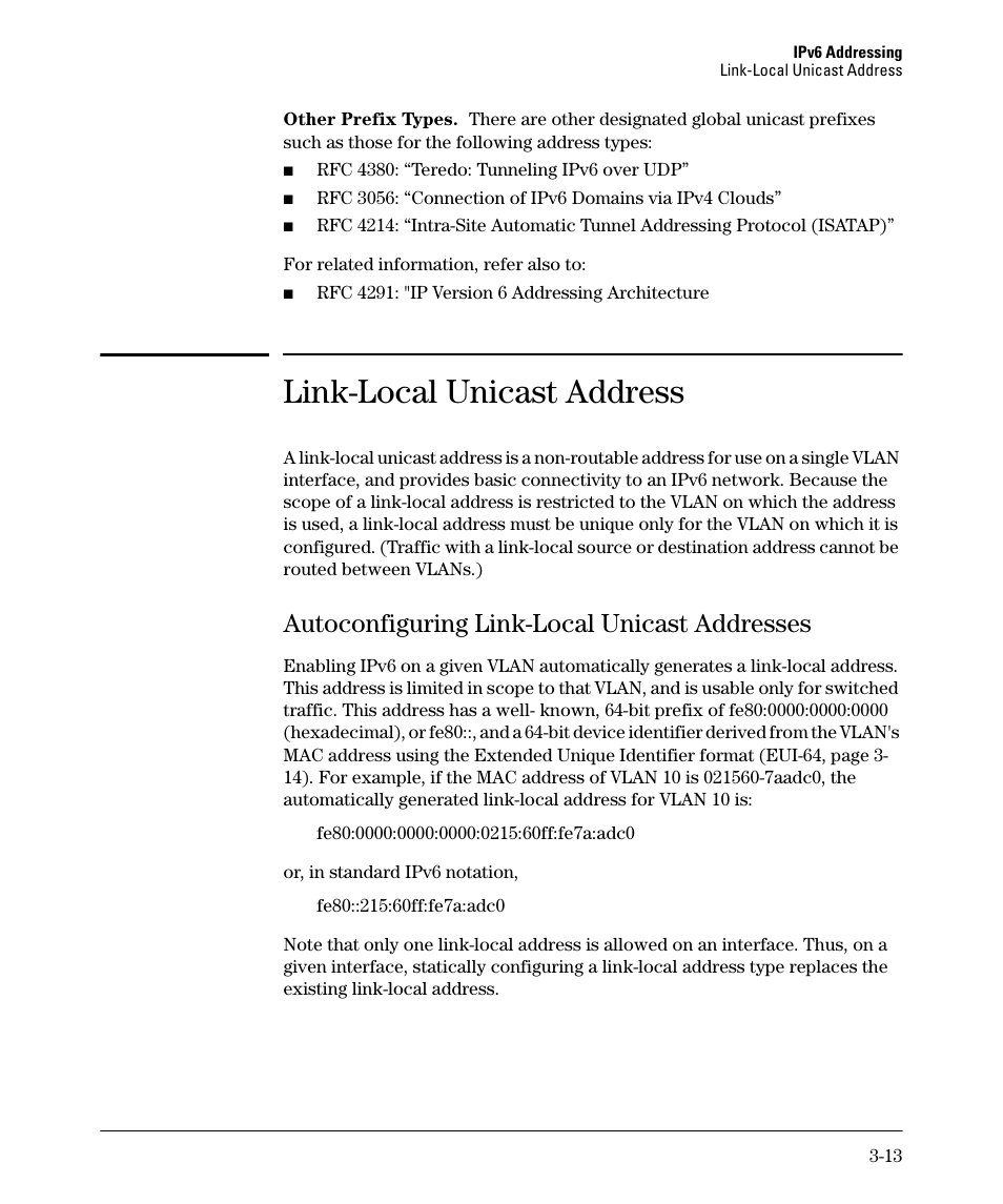 Link-local unicast address, Autoconfiguring link-local unicast addresses, Autoconfiguring link-local unicast addresses -13 | HP 6200YL User Manual | Page 57 / 314