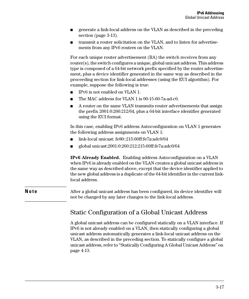 Static configuration of a global unicast address | HP 6200YL User Manual | Page 61 / 314