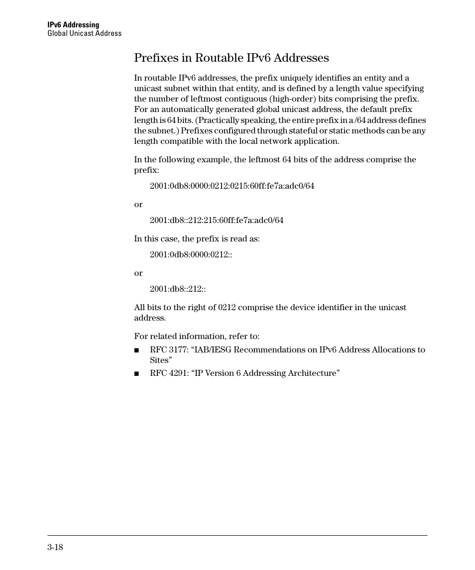 Prefixes in routable ipv6 addresses, Prefixes in routable ipv6 addresses -18 | HP 6200YL User Manual | Page 62 / 314