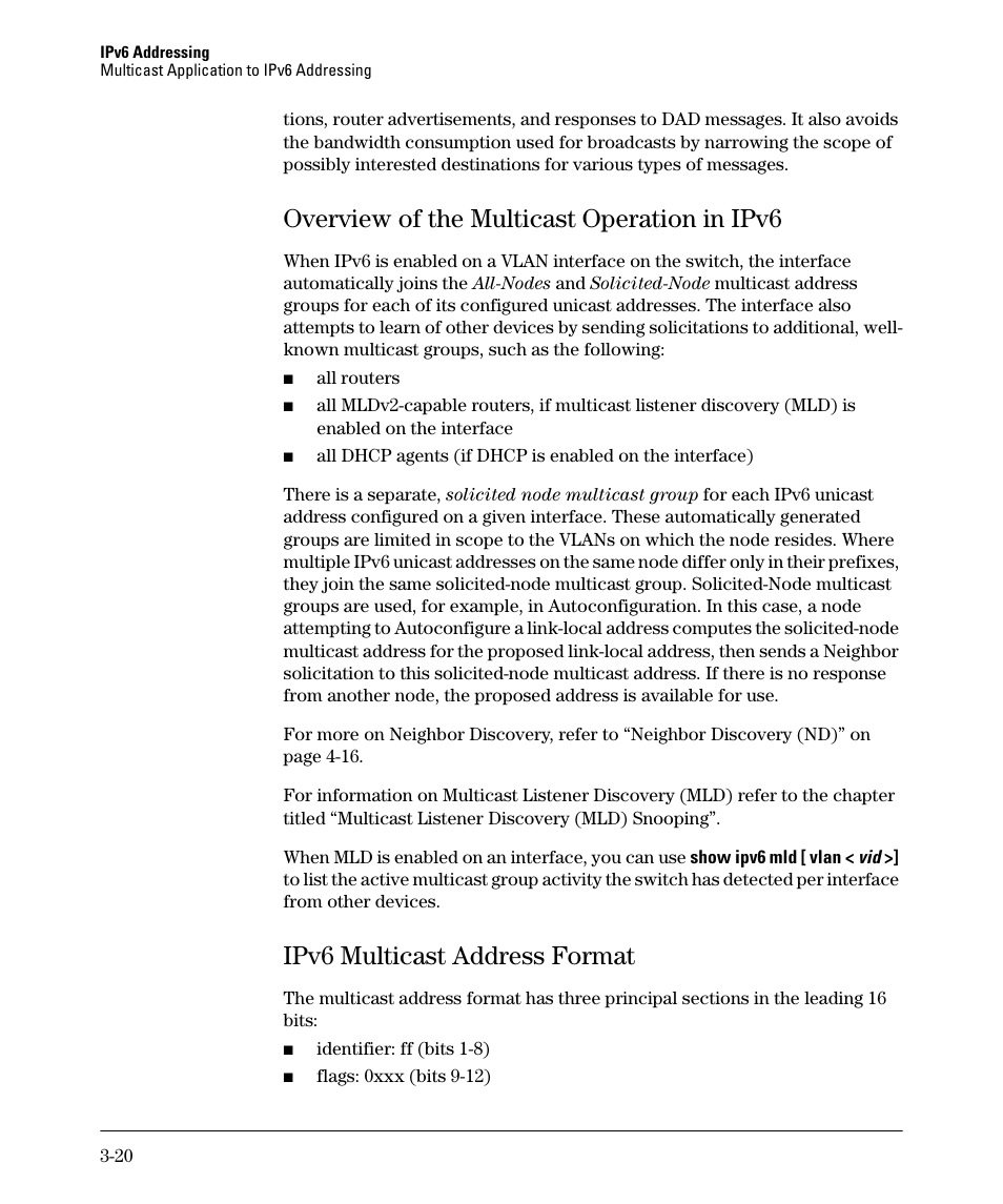 Overview of the multicast operation in ipv6, Ipv6 multicast address format, Overview of the multicast operation in ipv6 -20 | Ipv6 multicast address format -20 | HP 6200YL User Manual | Page 64 / 314