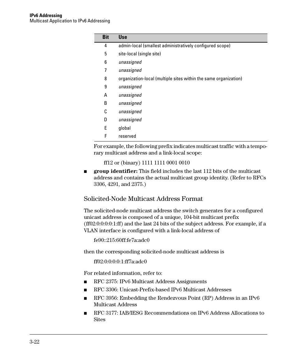 Solicited-node multicast address format, Solicited-node multicast address format -22 | HP 6200YL User Manual | Page 66 / 314