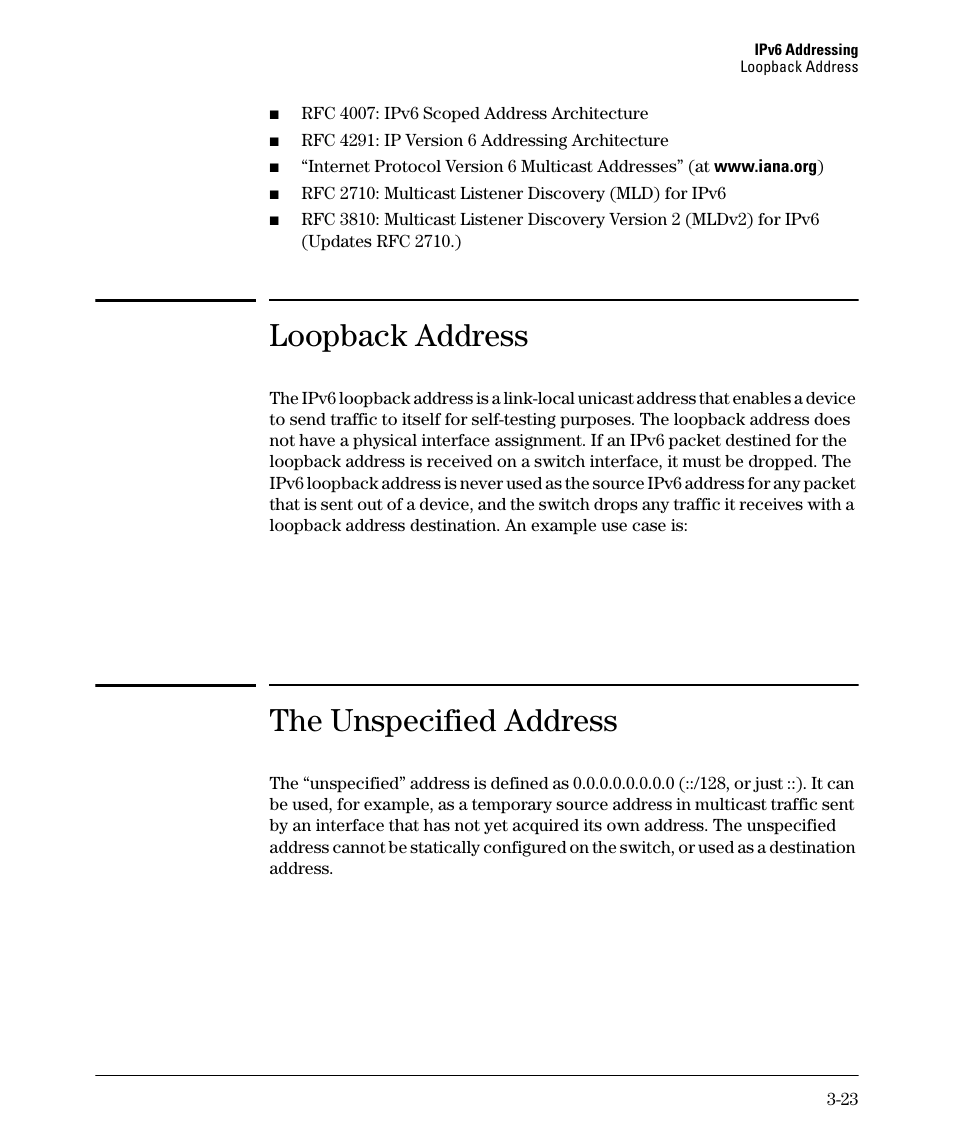 Loopback address, The unspecified address | HP 6200YL User Manual | Page 67 / 314