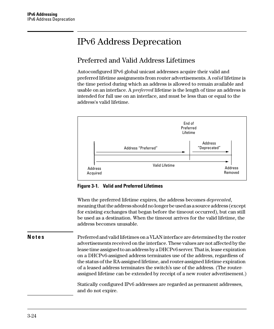 Ipv6 address deprecation, Preferred and valid address lifetimes, Preferred and valid address lifetimes -24 | HP 6200YL User Manual | Page 68 / 314