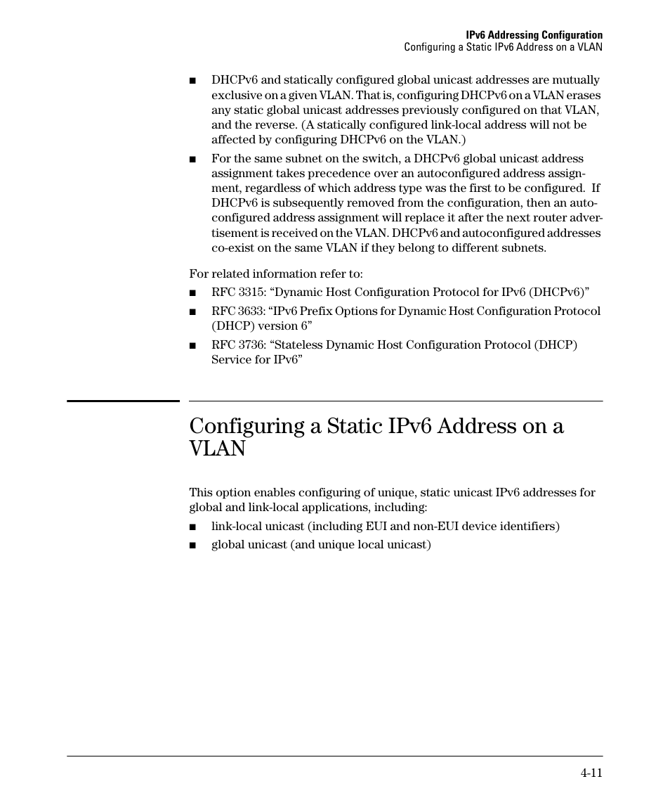 Configuring a static ipv6 address on a vlan | HP 6200YL User Manual | Page 81 / 314