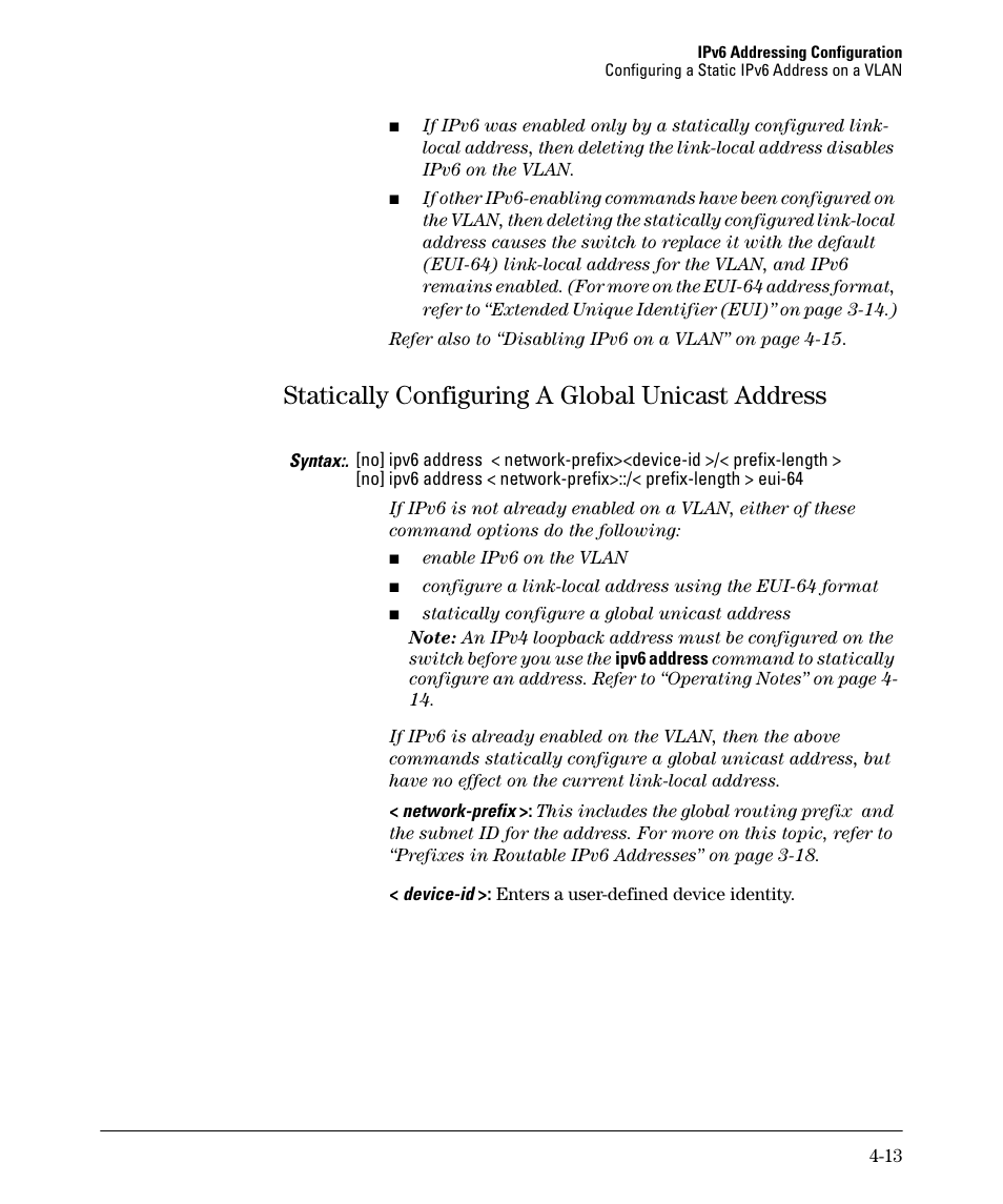 Statically configuring a global unicast address, E 4-13) | HP 6200YL User Manual | Page 83 / 314