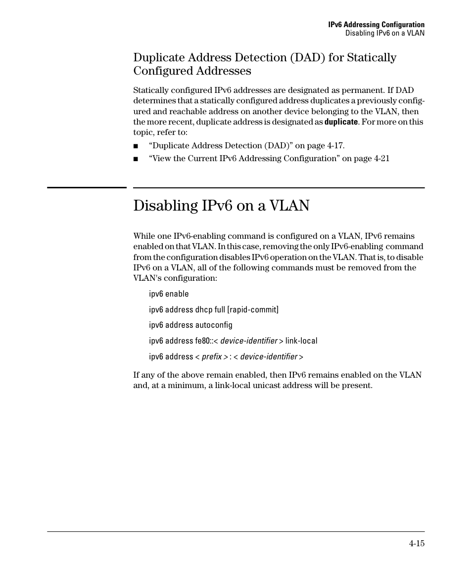 Disabling ipv6 on a vlan, Duplicate address detection (dad) for statically, Configured addresses -15 | HP 6200YL User Manual | Page 85 / 314