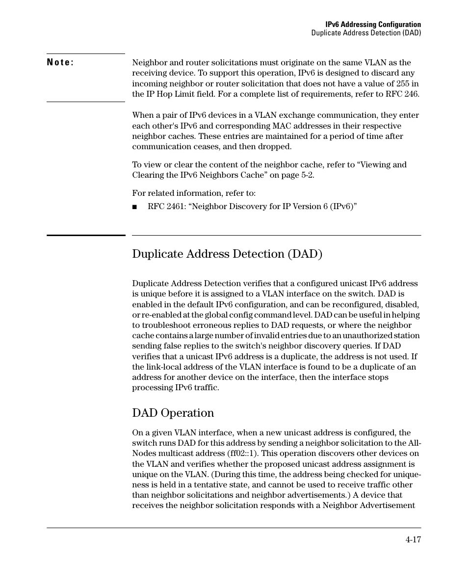 Duplicate address detection (dad), Dad operation, Dad operation -17 | HP 6200YL User Manual | Page 87 / 314