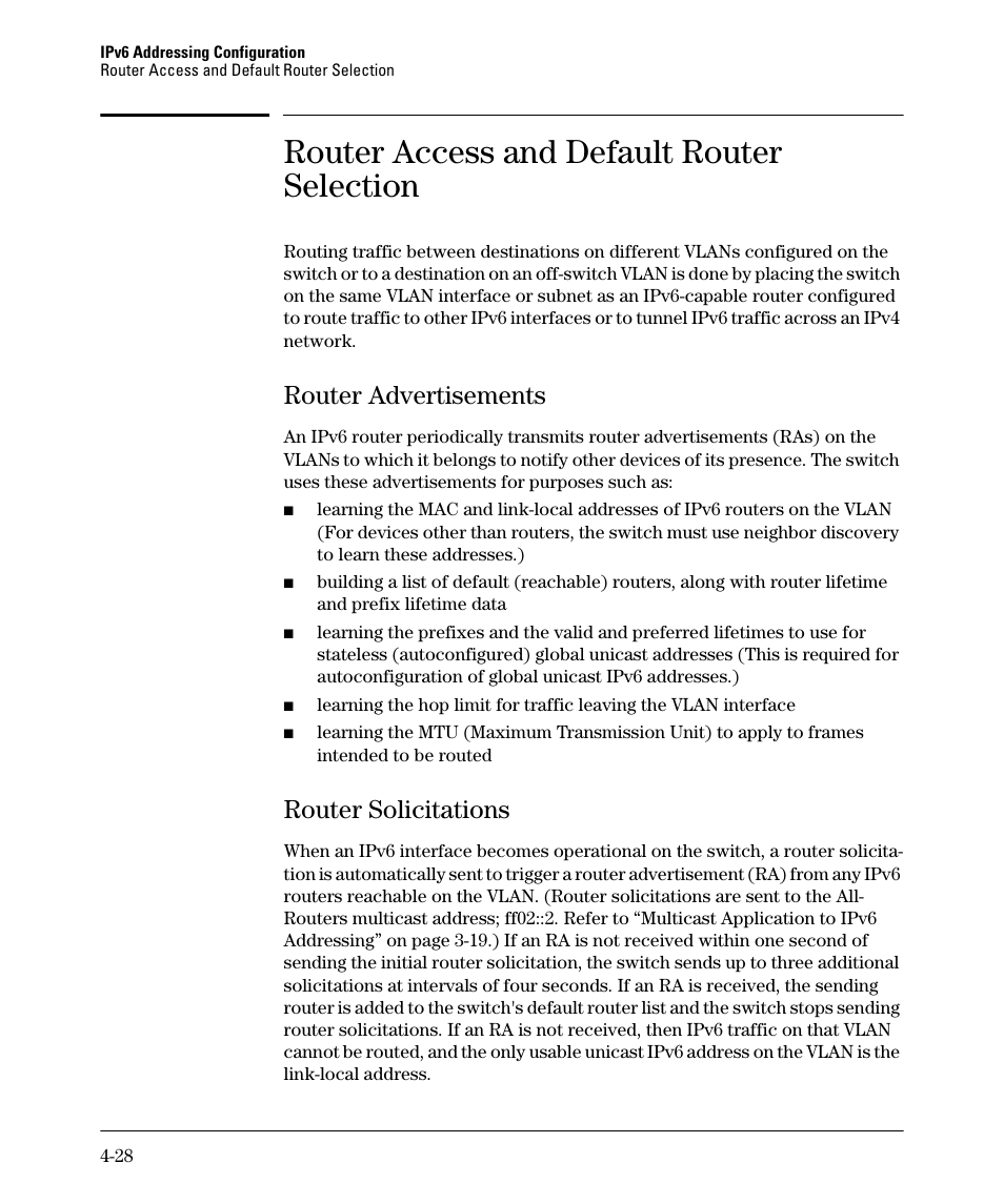 Router access and default router selection, Router advertisements, Router solicitations | Router advertisements -28, Router solicitations -28 | HP 6200YL User Manual | Page 98 / 314