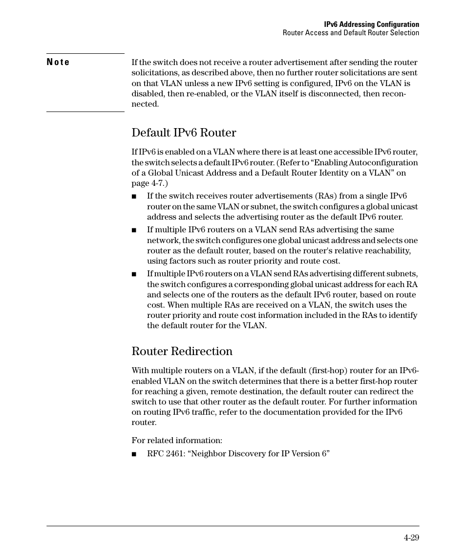 Default ipv6 router, Router redirection, Default ipv6 router -29 | Router redirection -29 | HP 6200YL User Manual | Page 99 / 314