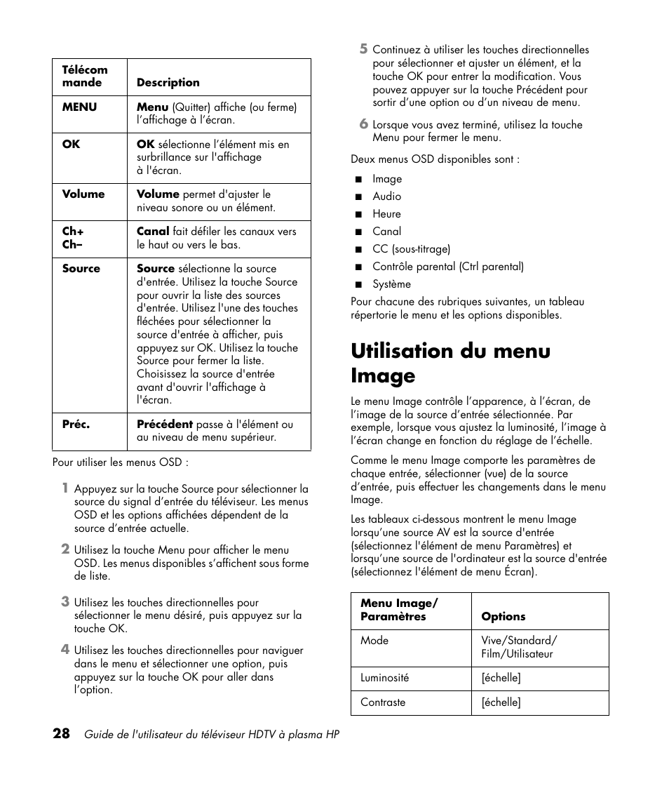 Utilisation du menu image | HP PL4260N User Manual | Page 100 / 186