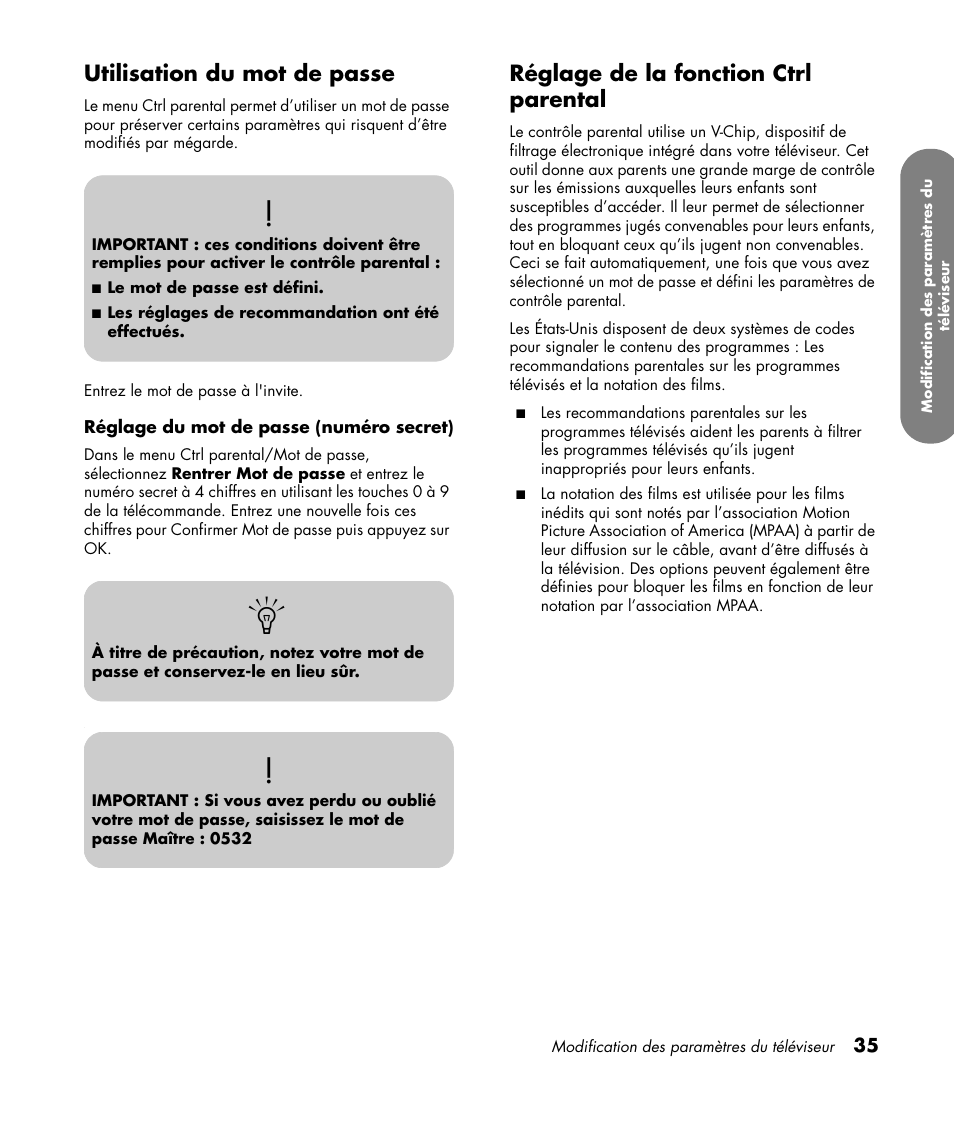 Utilisation du mot de passe, Réglage de la fonction ctrl parental | HP PL4260N User Manual | Page 107 / 186