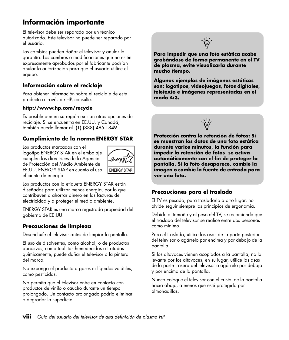 Información importante | HP PL4260N User Manual | Page 132 / 186