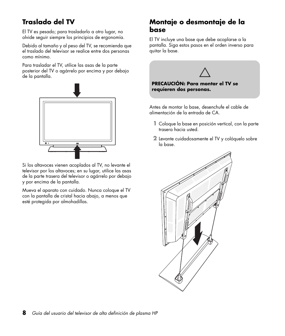 Traslado del tv, Montaje o desmontaje de la base, Traslado del tv montaje o desmontaje de la base | HP PL4260N User Manual | Page 142 / 186