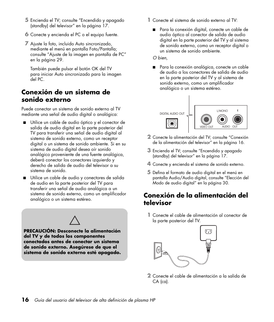 Conexión de un sistema de sonido externo, Conexión de la alimentación del televisor | HP PL4260N User Manual | Page 150 / 186