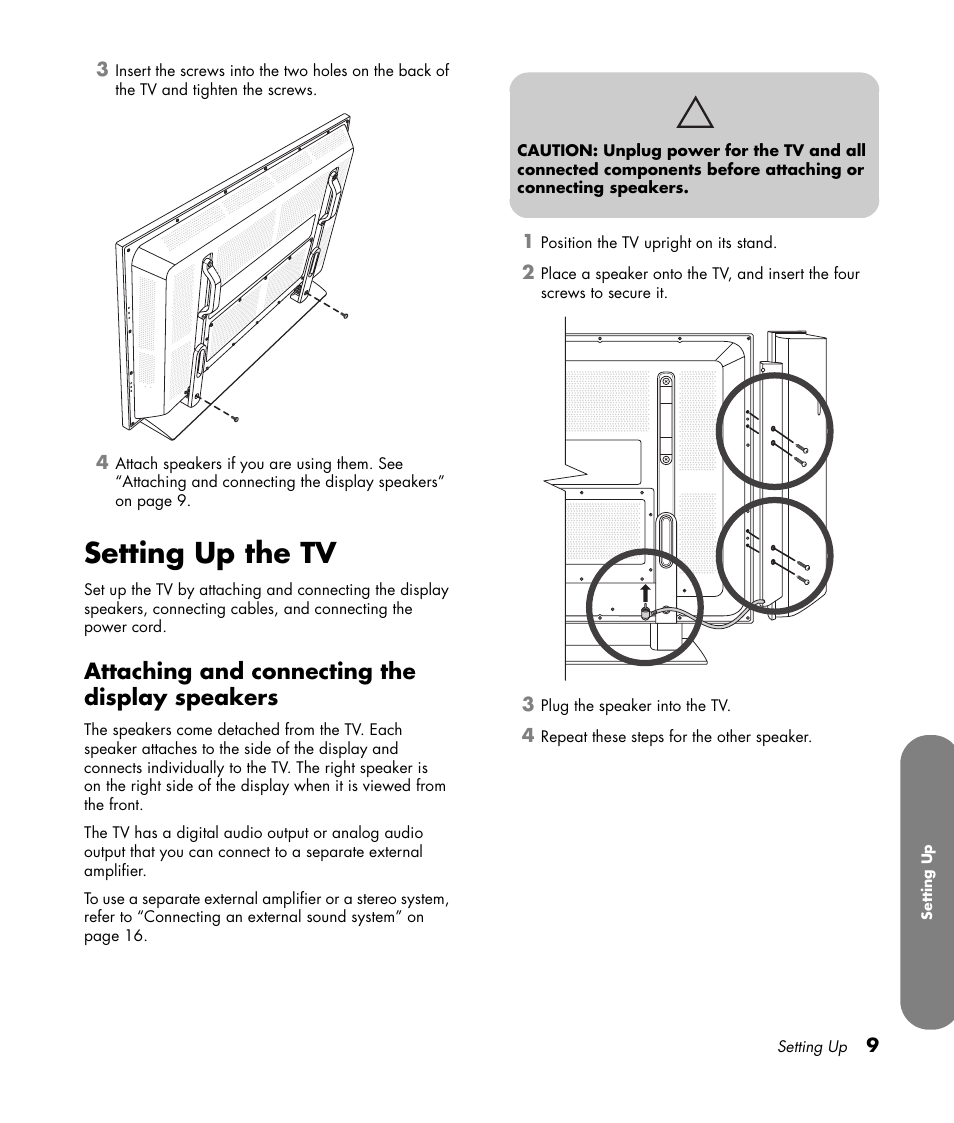 Setting up the tv, Attaching and connecting the display speakers | HP PL4260N User Manual | Page 19 / 186