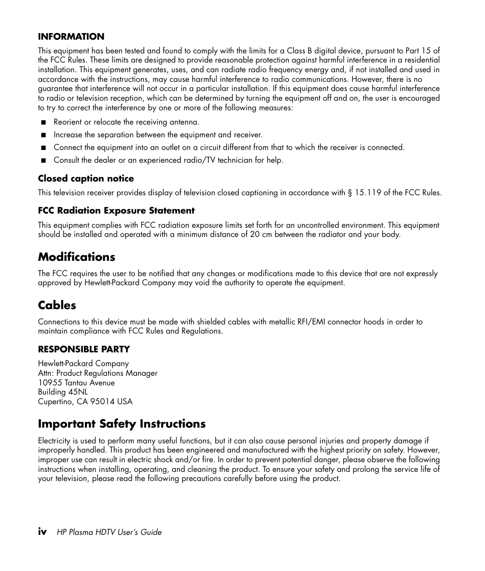 Modifications, Cables, Important safety instructions | HP PL4260N User Manual | Page 4 / 186