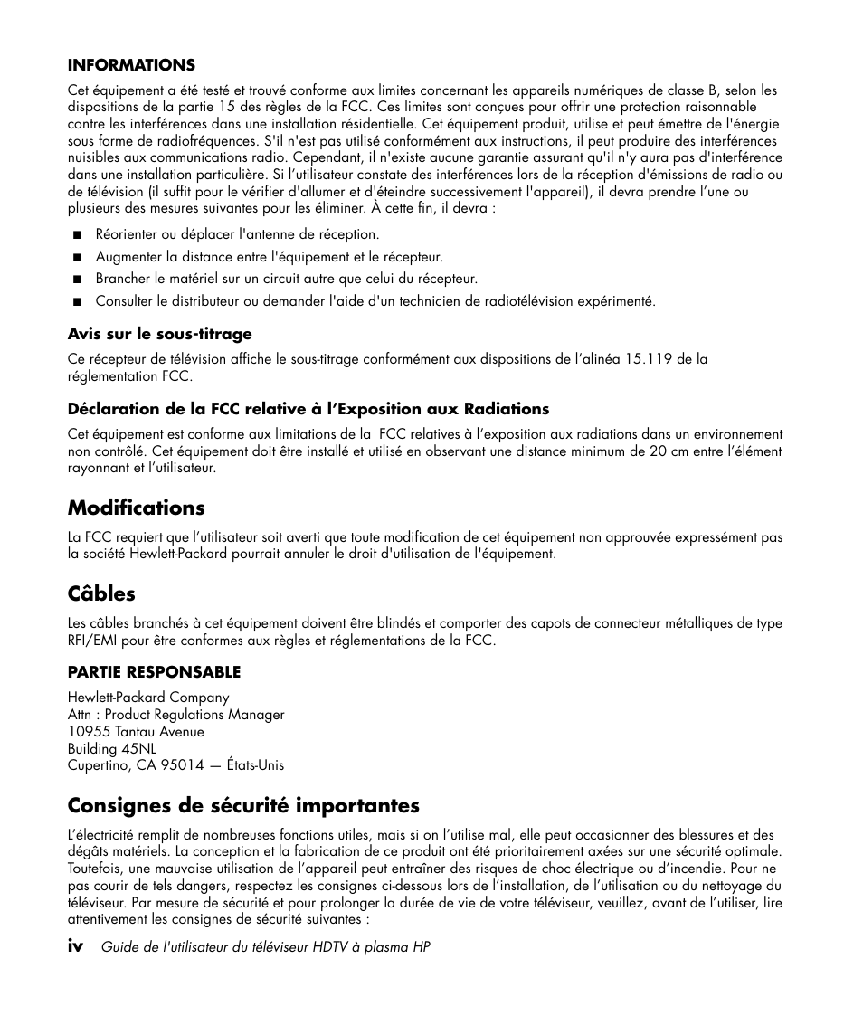 Modifications, Câbles, Consignes de sécurité importantes | HP PL4260N User Manual | Page 66 / 186