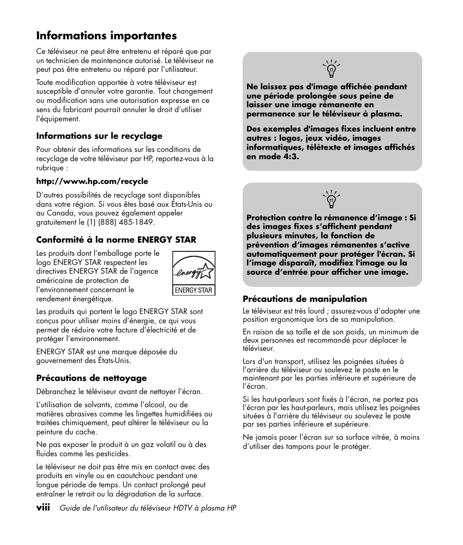 Informations importantes | HP PL4260N User Manual | Page 70 / 186