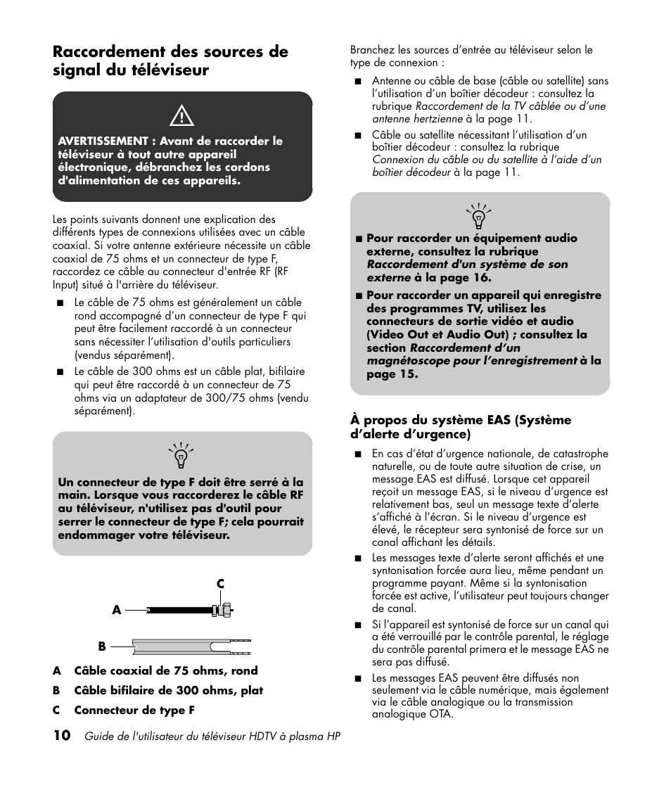 Raccordement des sources de signal du téléviseur | HP PL4260N User Manual | Page 82 / 186