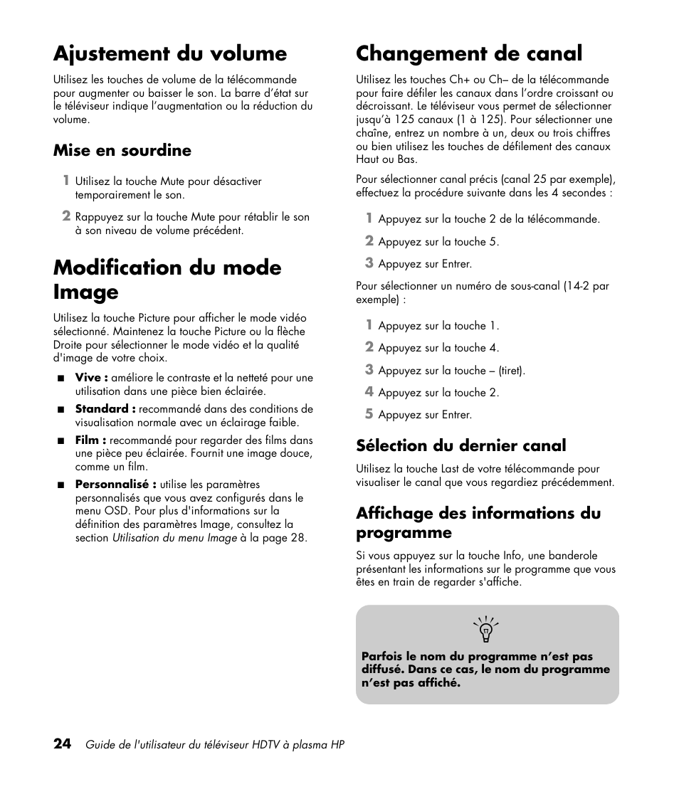 Ajustement du volume, Mise en sourdine, Modification du mode image | Changement de canal, Sélection du dernier canal, Affichage des informations du programme, Modification du mode image changement de canal | HP PL4260N User Manual | Page 96 / 186