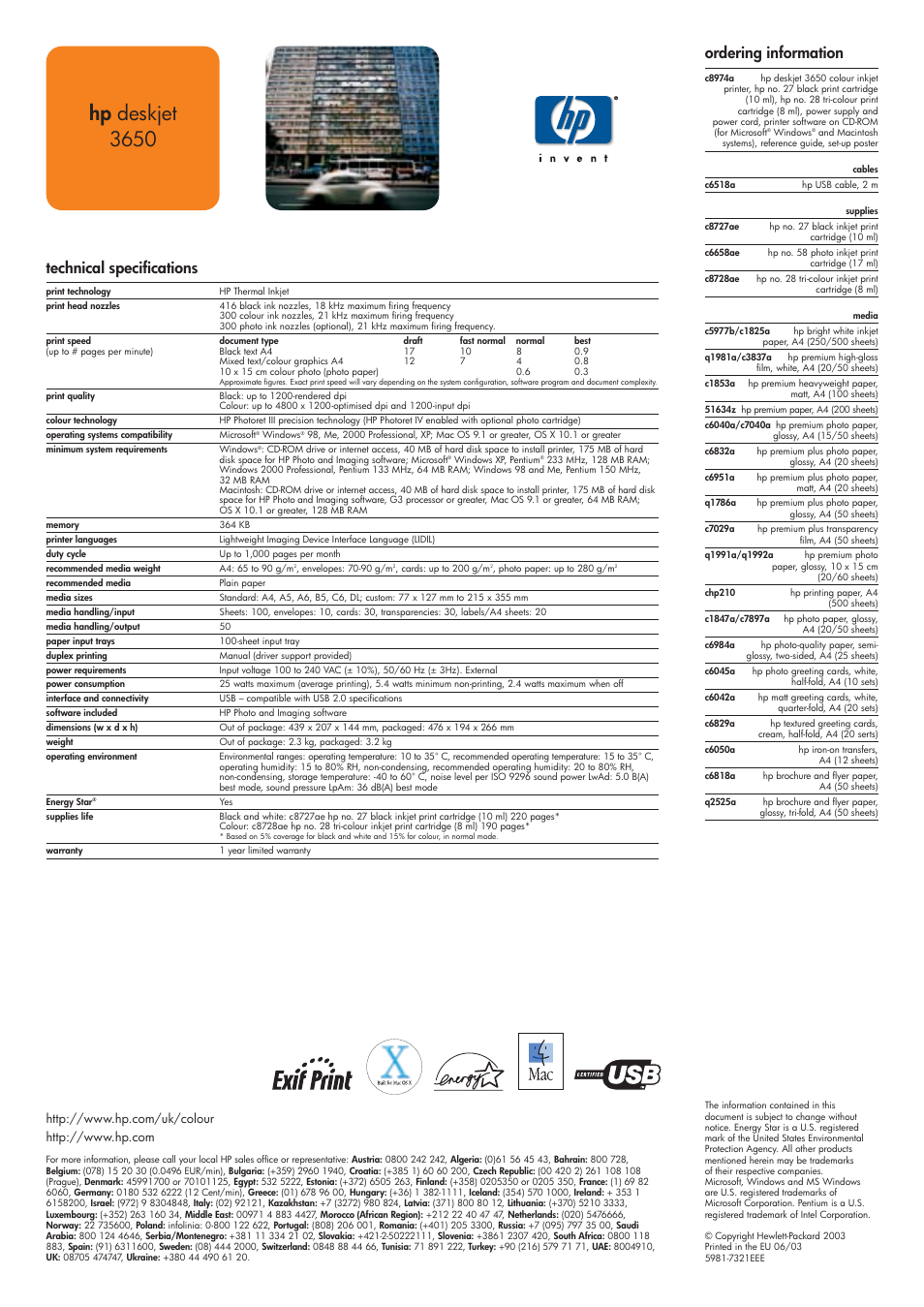 Hp deskjet 3650, Ordering information, Technical specifications | HP 3650 User Manual | Page 2 / 2