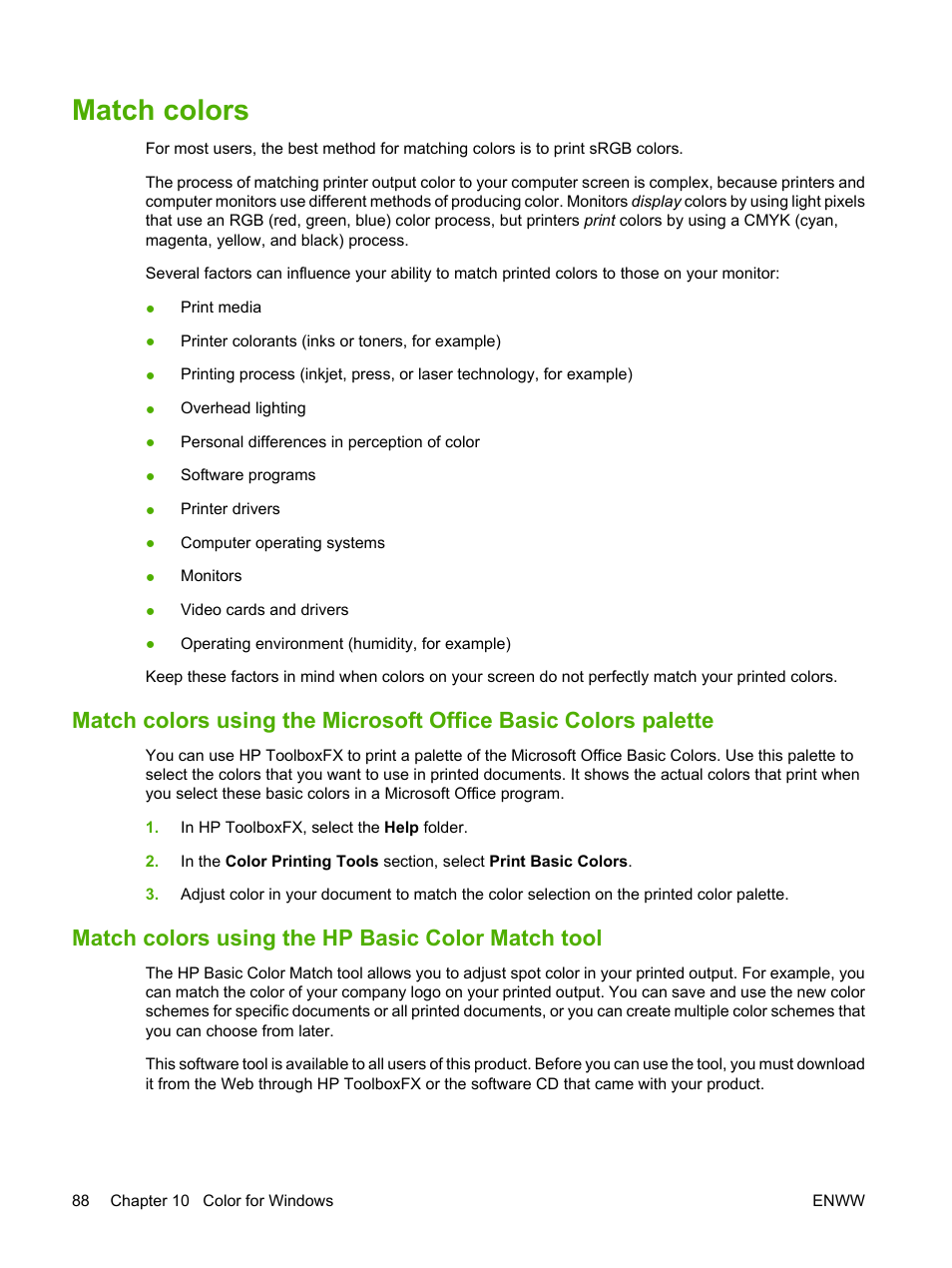 Match colors, Match colors using the hp basic color match tool | HP CM1312 MFP Series User Manual | Page 100 / 276