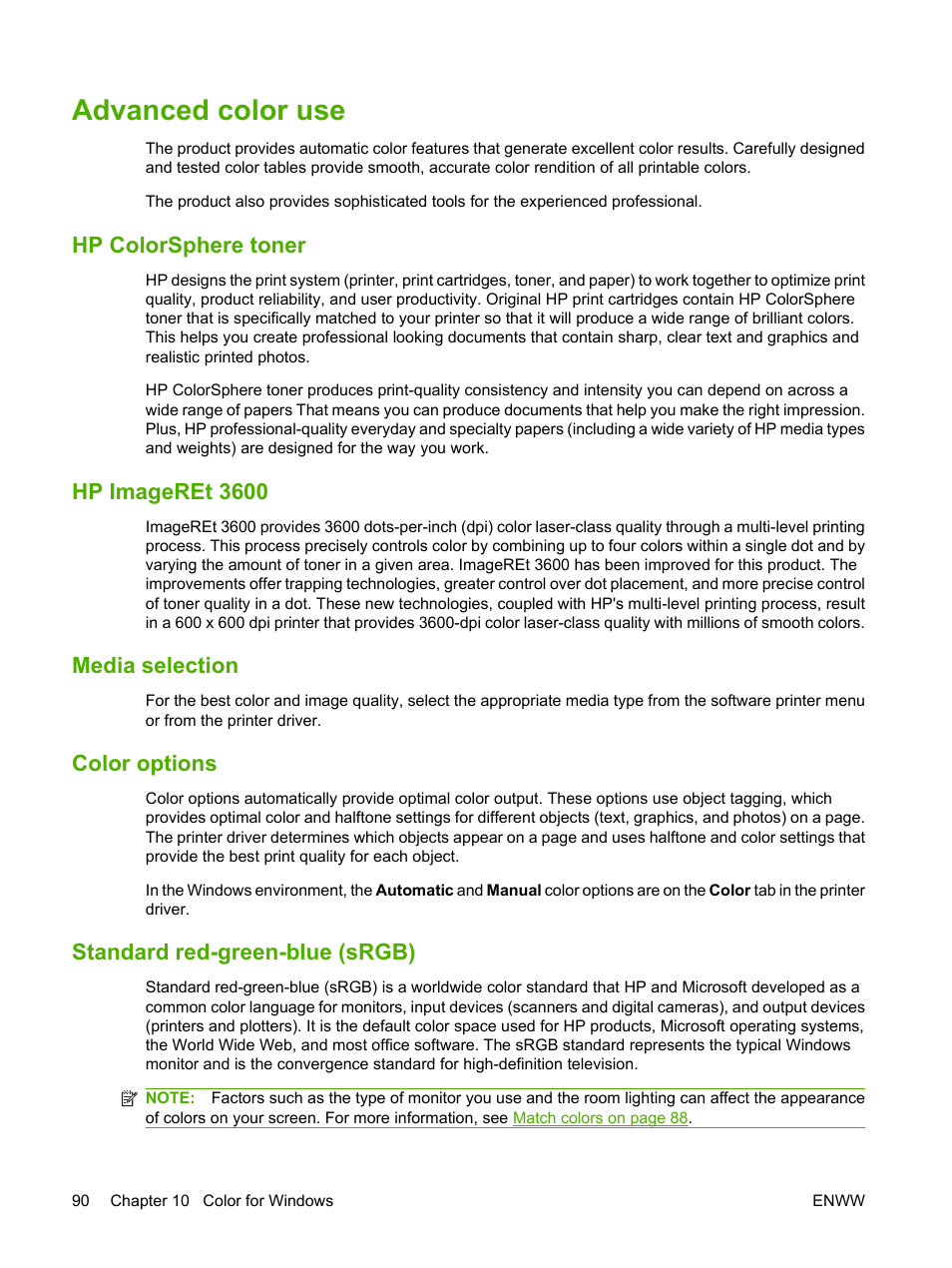 Advanced color use, Hp colorsphere toner, Hp imageret 3600 | Media selection, Color options, Standard red-green-blue (srgb) | HP CM1312 MFP Series User Manual | Page 102 / 276