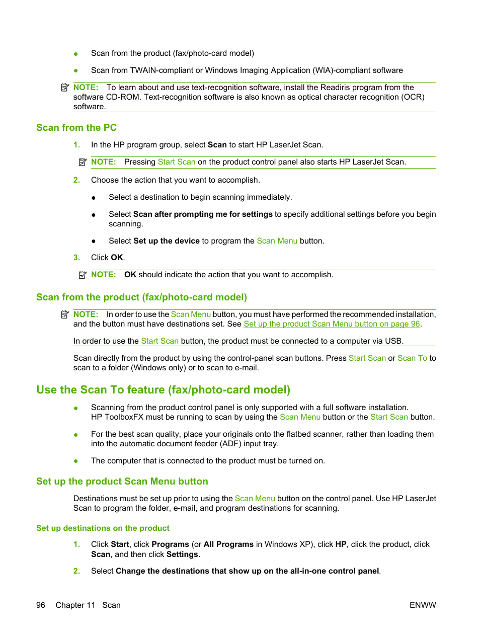 Scan from the pc, Scan from the product (fax/photo-card model), Use the scan to feature (fax/photo-card model) | Set up the product scan menu button | HP CM1312 MFP Series User Manual | Page 108 / 276