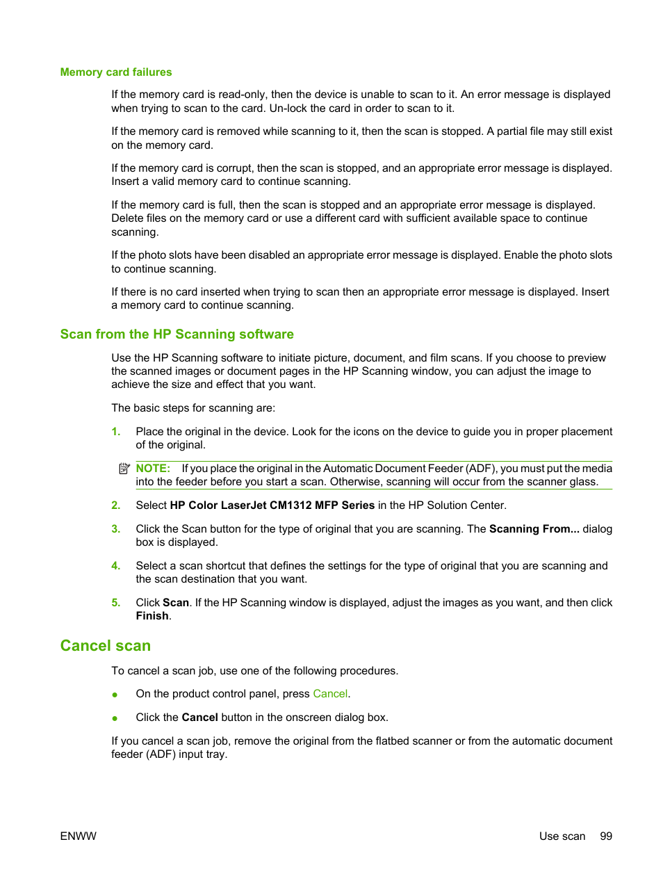 Memory card failures, Scan from the hp scanning software, Cancel scan | HP CM1312 MFP Series User Manual | Page 111 / 276