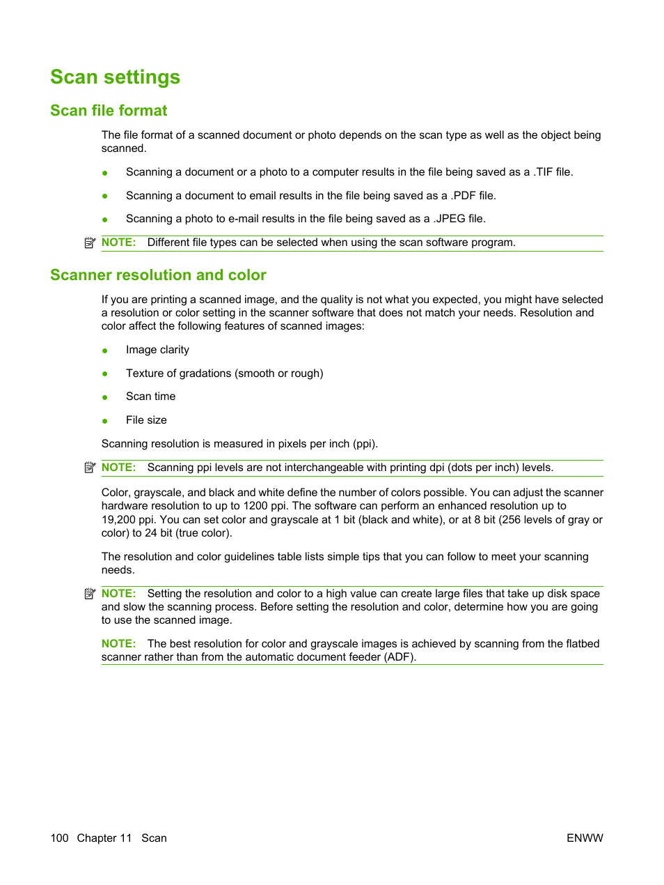 Scan settings, Scan file format, Scanner resolution and color | Scan file format scanner resolution and color | HP CM1312 MFP Series User Manual | Page 112 / 276