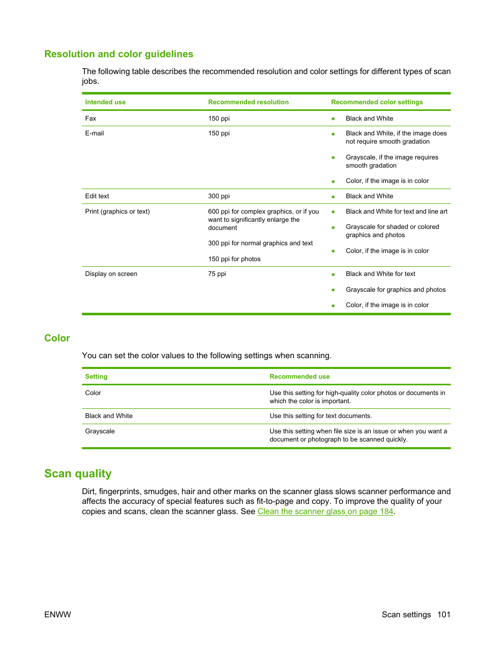 Resolution and color guidelines, Color, Scan quality | HP CM1312 MFP Series User Manual | Page 113 / 276