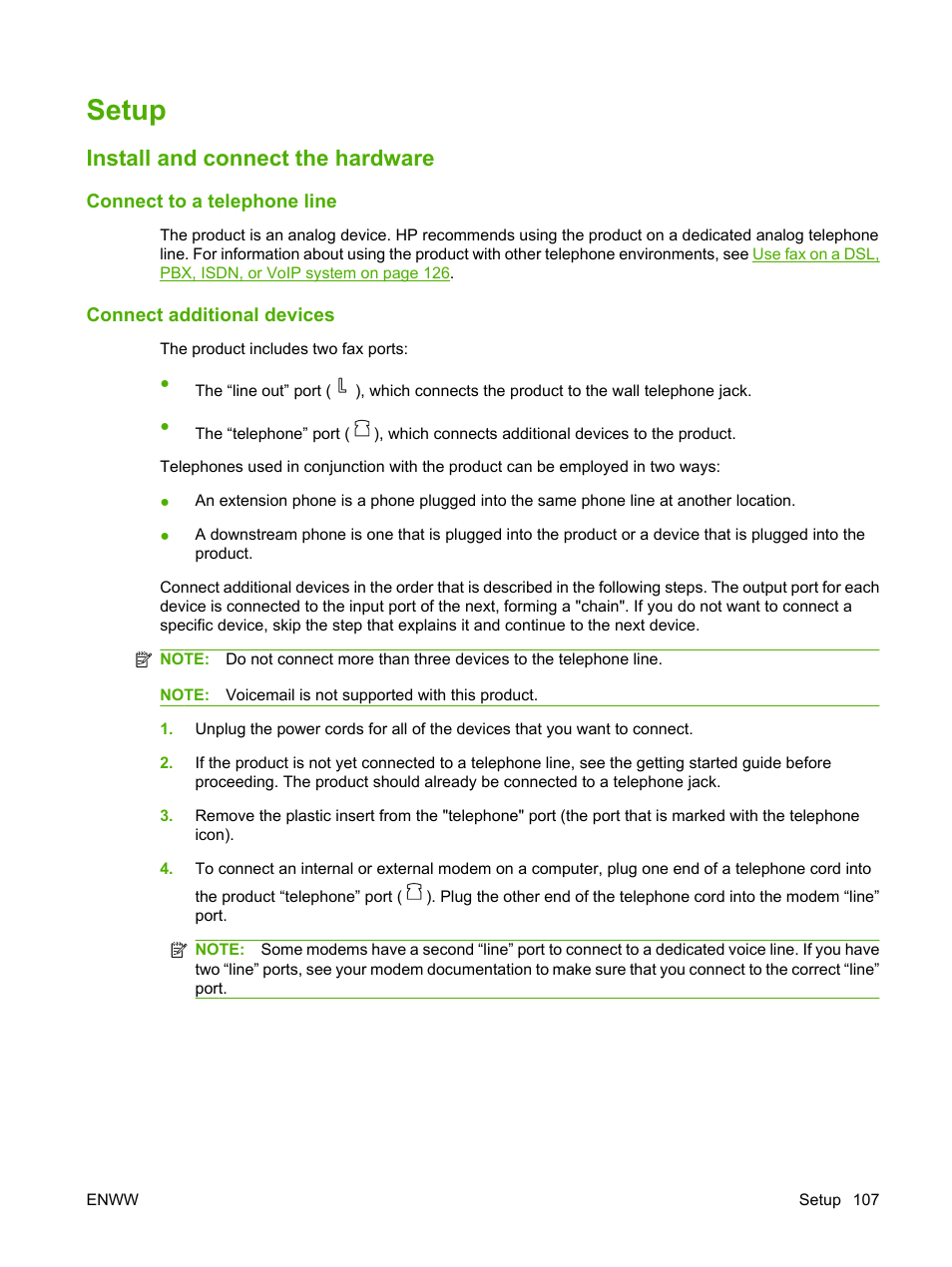 Setup, Install and connect the hardware, Connect to a telephone line | Connect additional devices | HP CM1312 MFP Series User Manual | Page 119 / 276