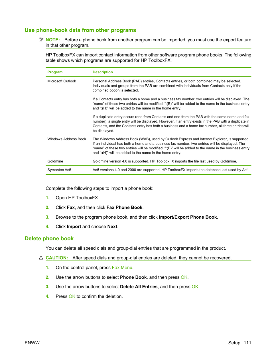 Use phone-book data from other programs, Delete phone book | HP CM1312 MFP Series User Manual | Page 123 / 276