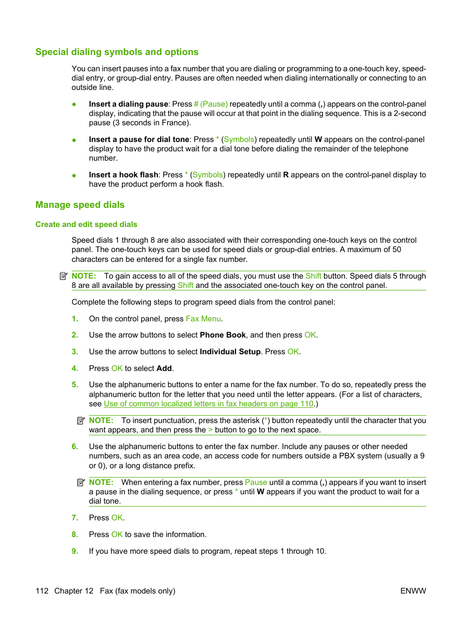 Special dialing symbols and options, Manage speed dials, Create and edit speed dials | HP CM1312 MFP Series User Manual | Page 124 / 276