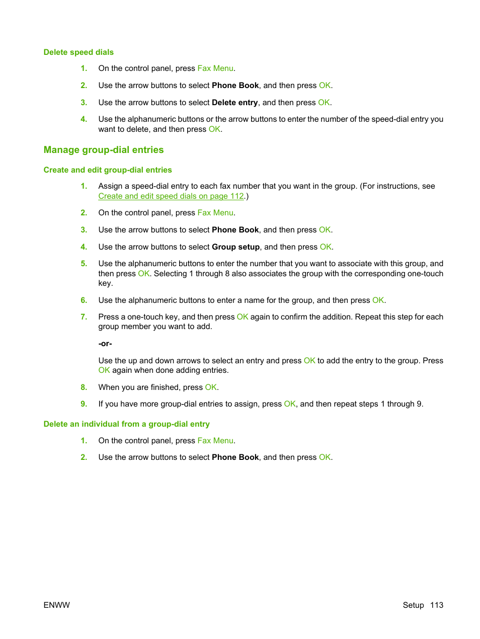 Delete speed dials, Manage group-dial entries, Create and edit group-dial entries | Delete an individual from a group-dial entry | HP CM1312 MFP Series User Manual | Page 125 / 276