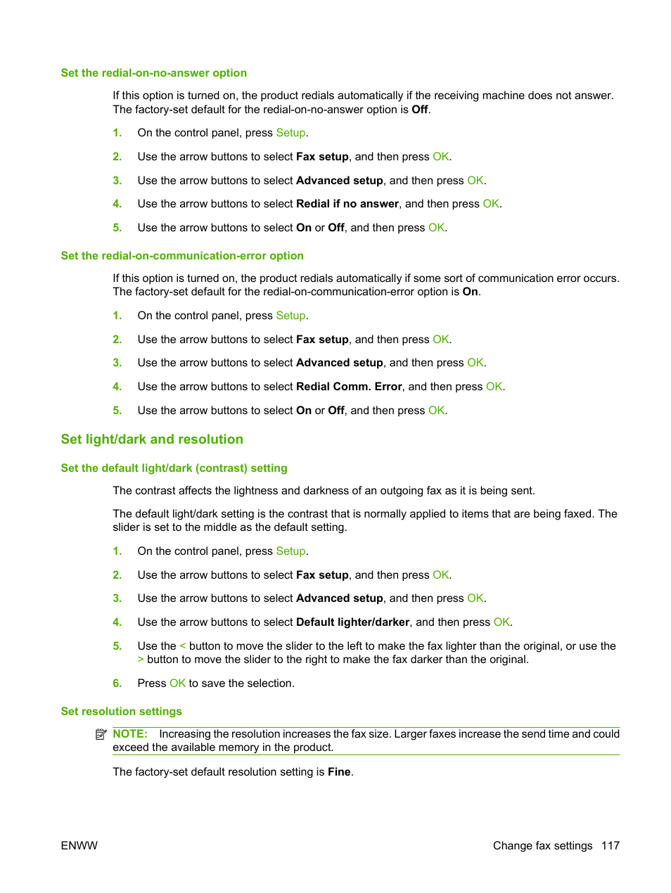 Set light/dark and resolution, Set the default light/dark (contrast) setting, Set resolution settings | HP CM1312 MFP Series User Manual | Page 129 / 276